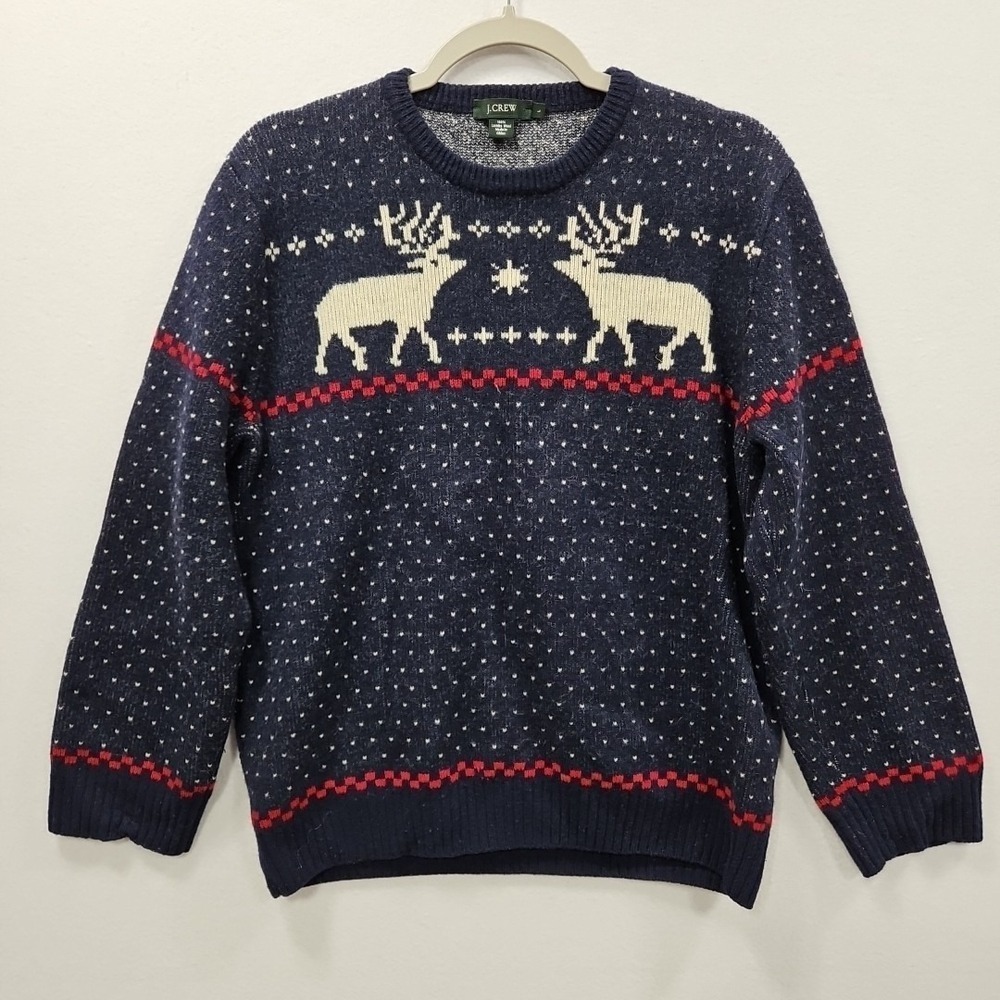 J Crew Sweater Lambswool‎ Fair Isle Reindeer Print Mens Large Navy Blue 66857